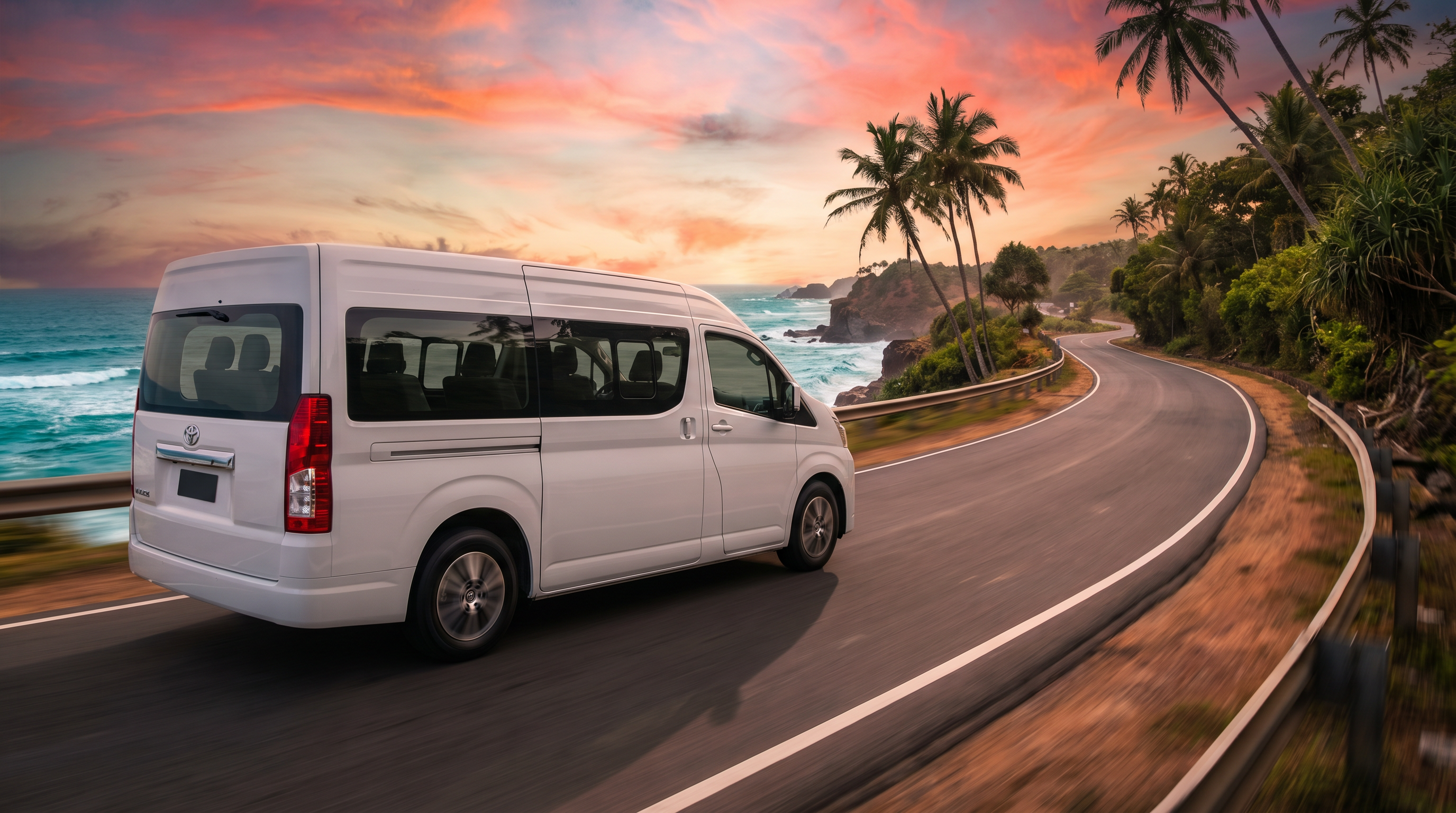 Furgoneta blanca circulando por una carretera de Sri Lanka al atardecer